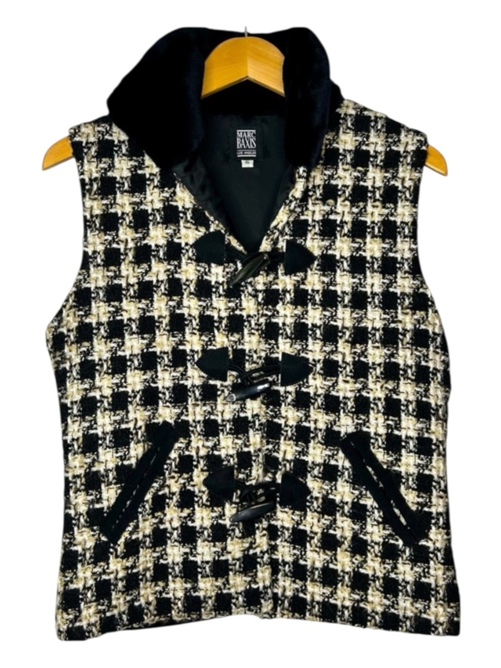 Marc Baxis Women’s Tweed Vest Faux Fur Collar Toggle Buttons Size Small 90s
